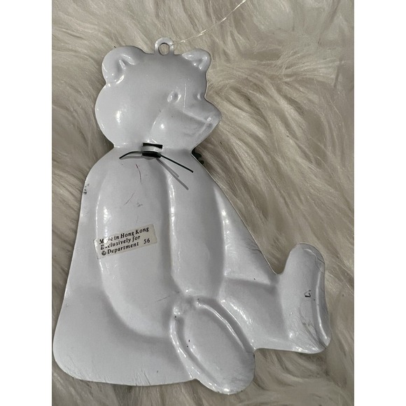 Vintage Dept 56 Flat Metal White Teddy Bear w/ Red Bell Christmas Ornament 4"x3" - Picture 3 of 9